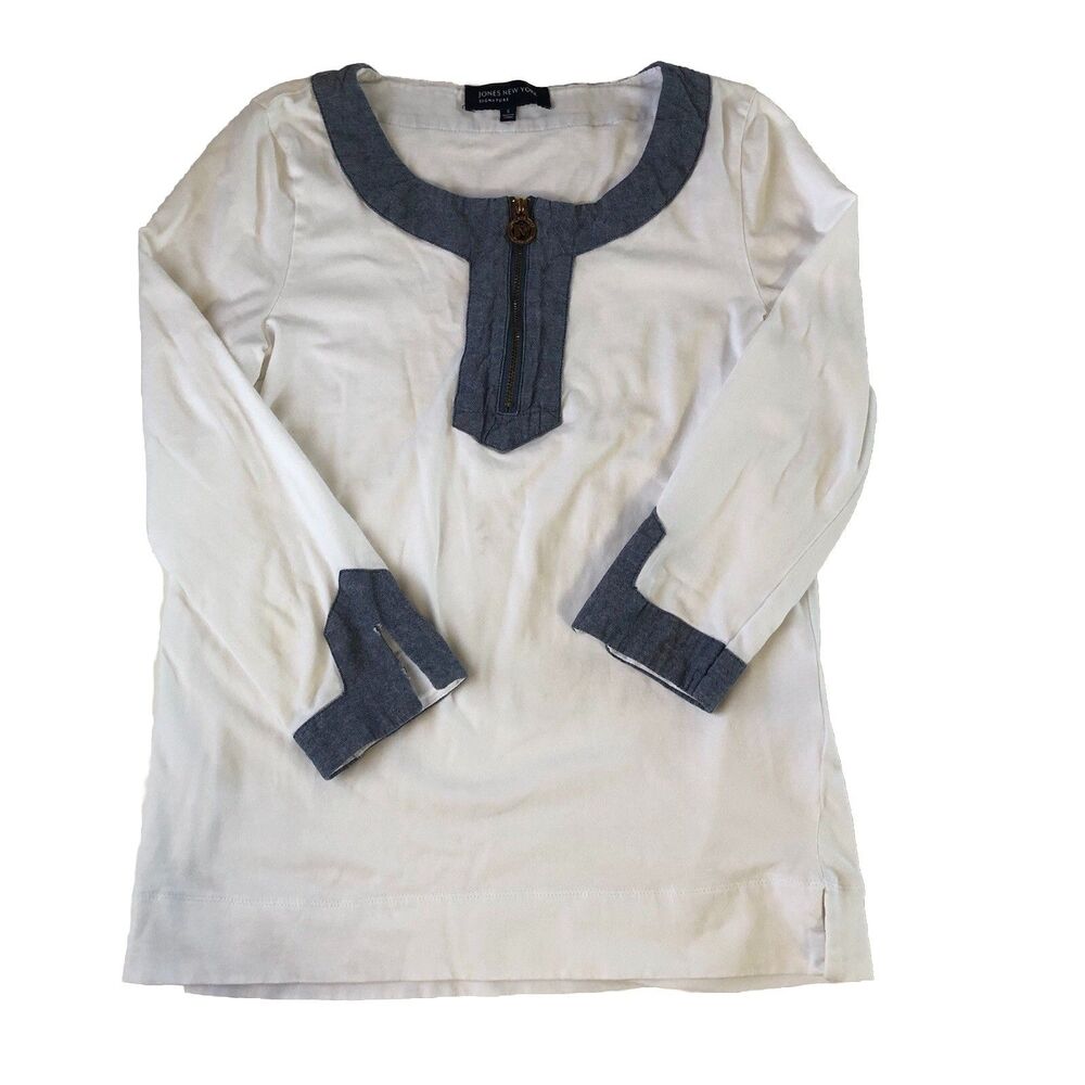 Jones New York signature women’s top 1/4 zip White W/denim Look Detail Small